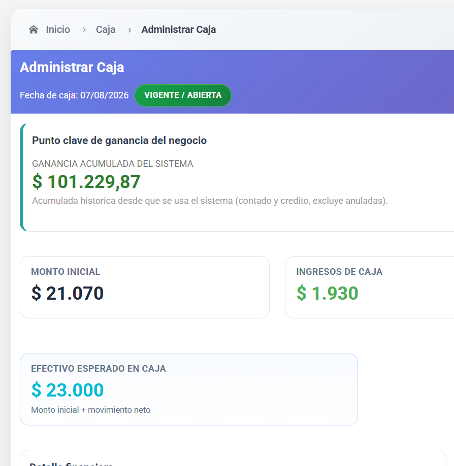 Captura real de Administrar Caja