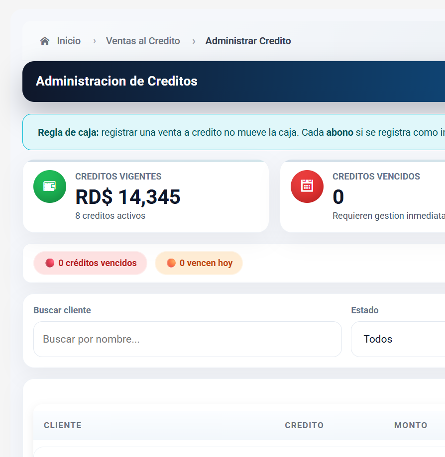 Captura real de Administración de Créditos