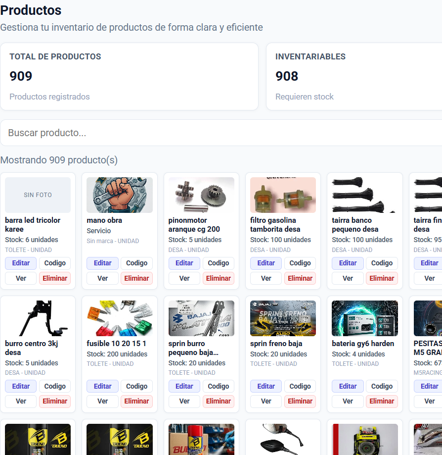 Captura real del módulo de productos e inventario